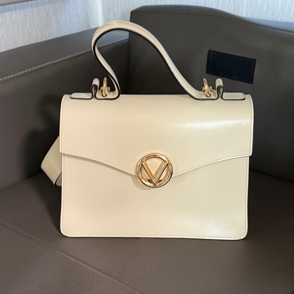Mario Valentino Cream Satchel with Gold Emblem